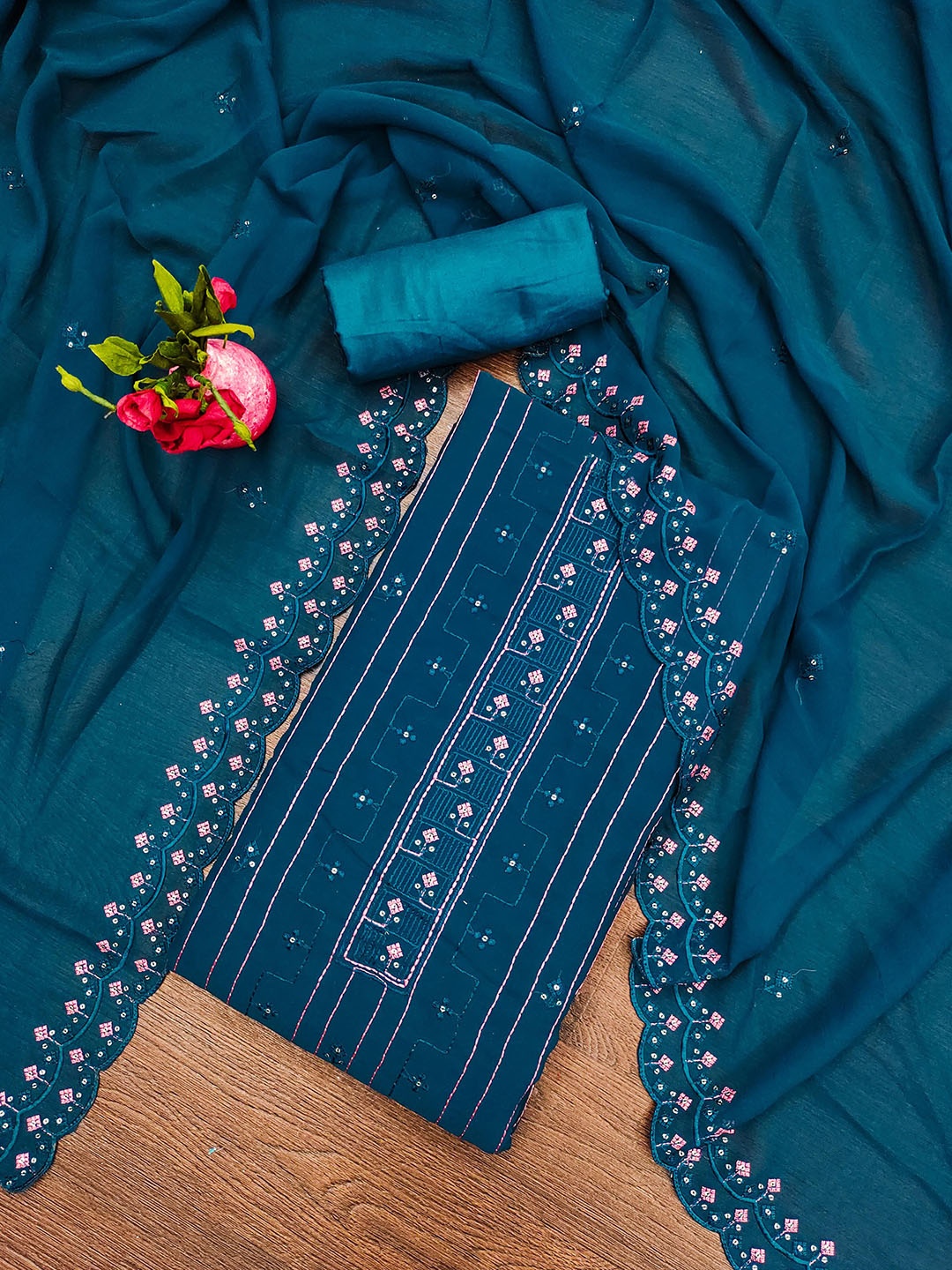

SAINOOR Geometric Embroidered Silk Georgette Semi-Stitched Dress Material, Teal