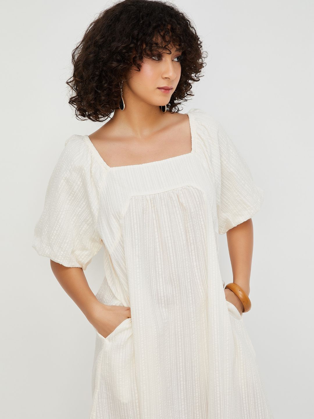 

max Striped Flared Sleeve A-Line Dress, Beige