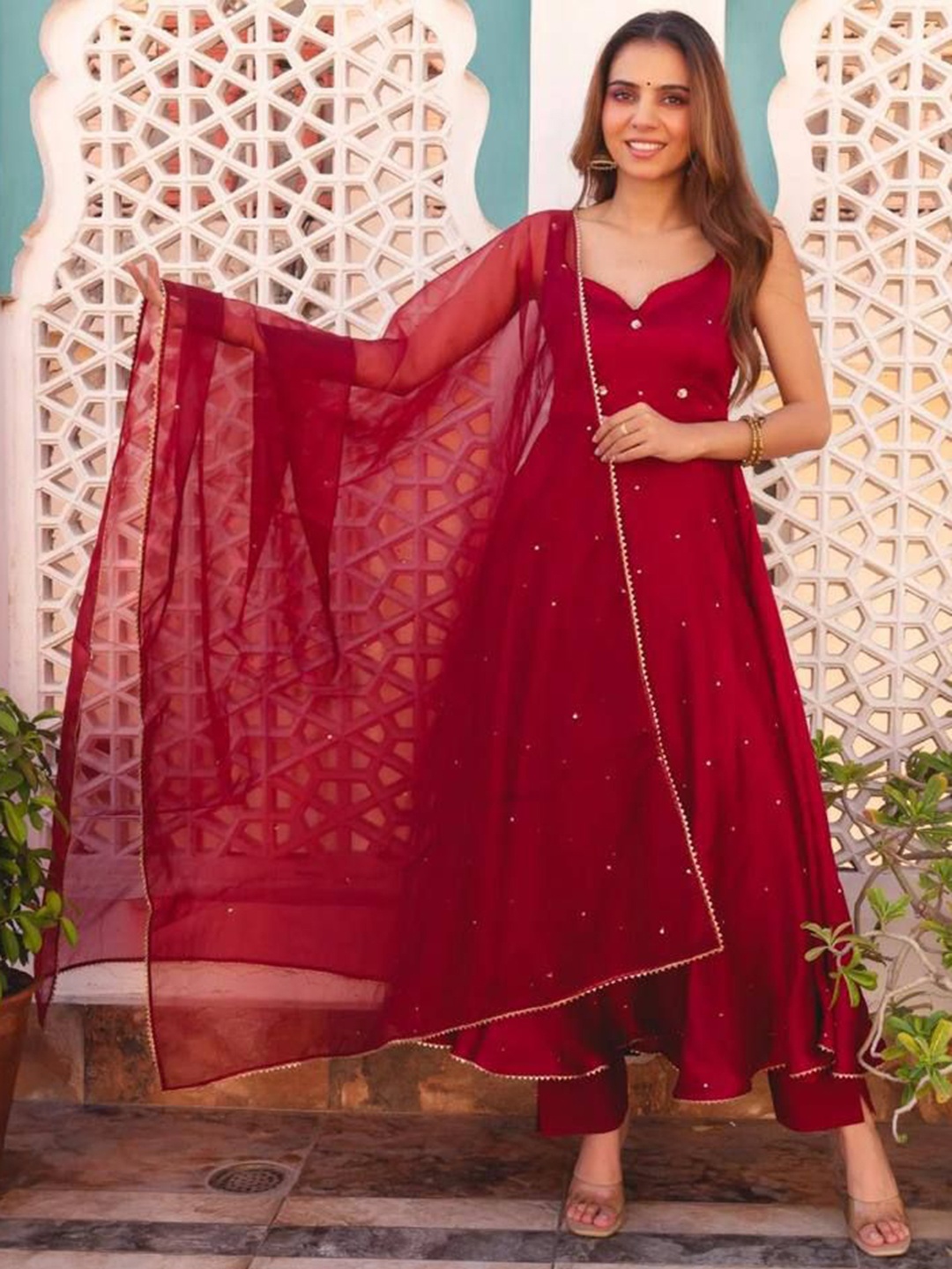

Bought First Embellished Sweetheart Neck Anarkali Kurta With Trousers And Dupatta, Maroon
