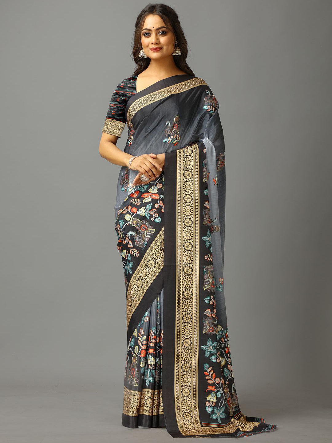 

A.V.M. SILK MILLS Floral Pure Crepe Saree, Grey