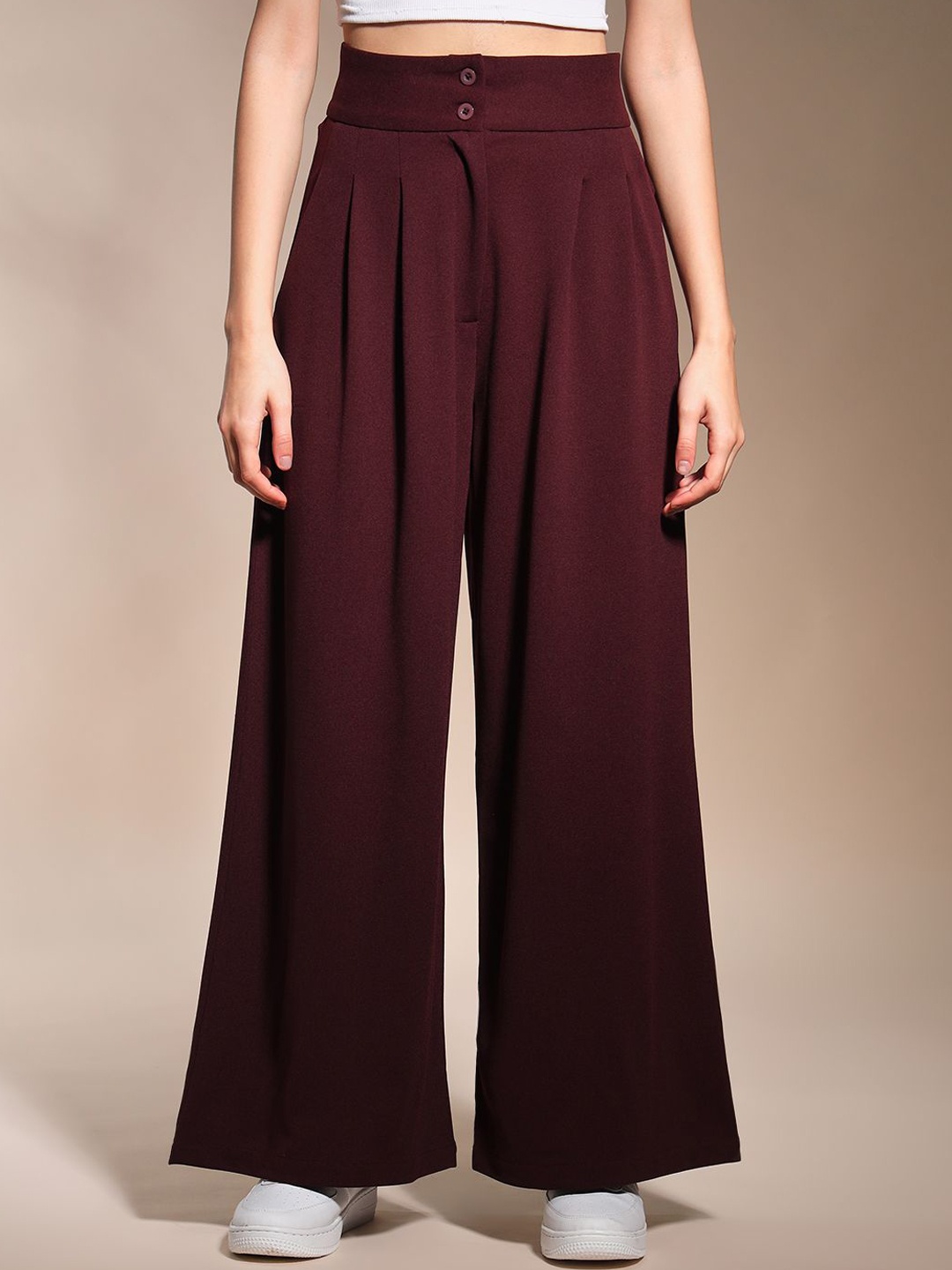 

Zastraa Women Relaxed Flared High-Rise Pleated Korean Pants, Burgundy