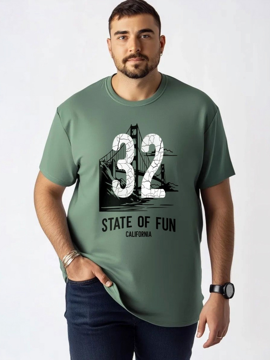 

Toodle Plus Unisex Plus Size Graphic Printed Round Neck Pure Cotton T-Shirt, Green