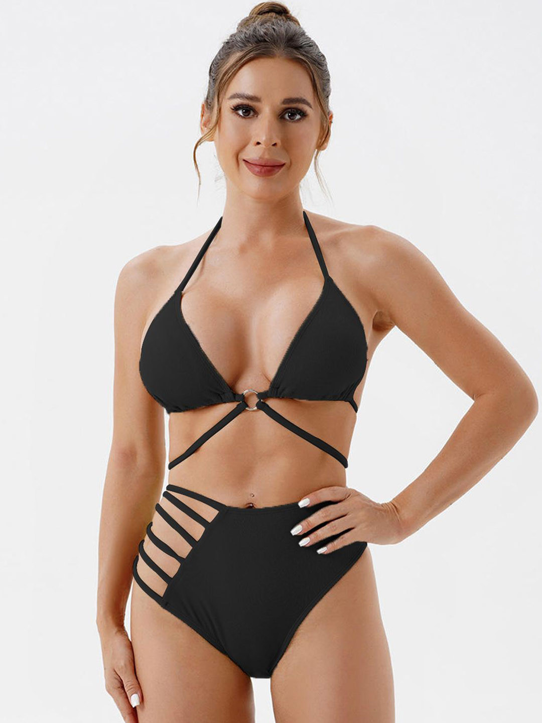 

KRENOZ Halter Neck Swim Bikini Set, Black