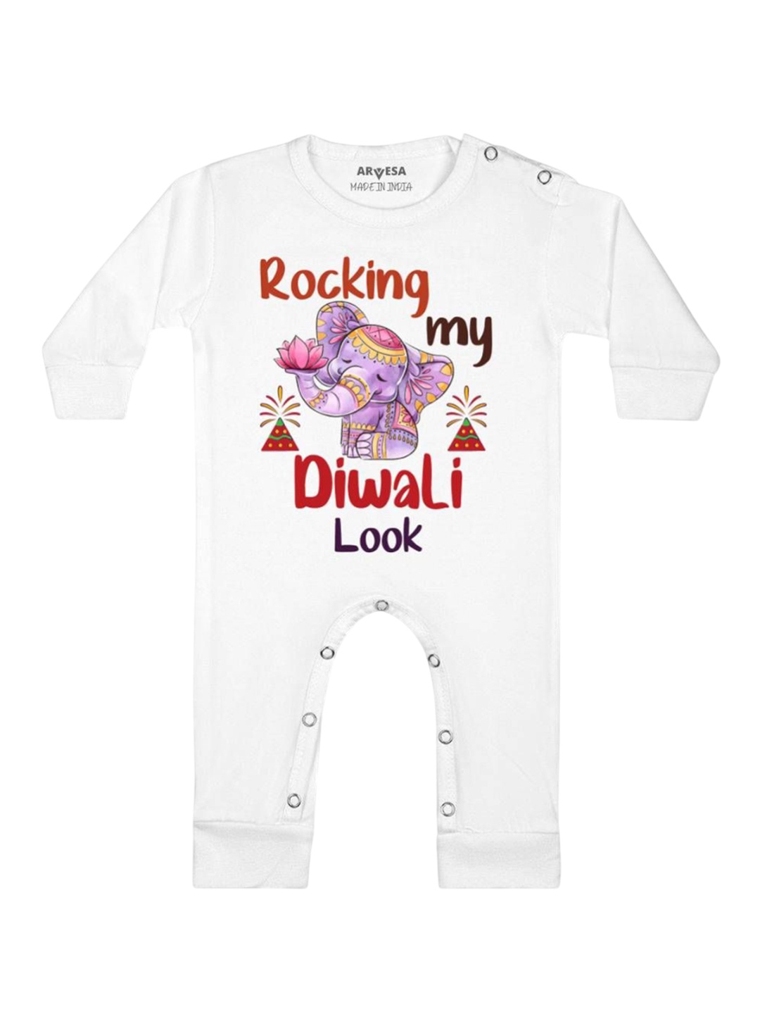 

Arvesa First Diwali Printed Baby Romper, White