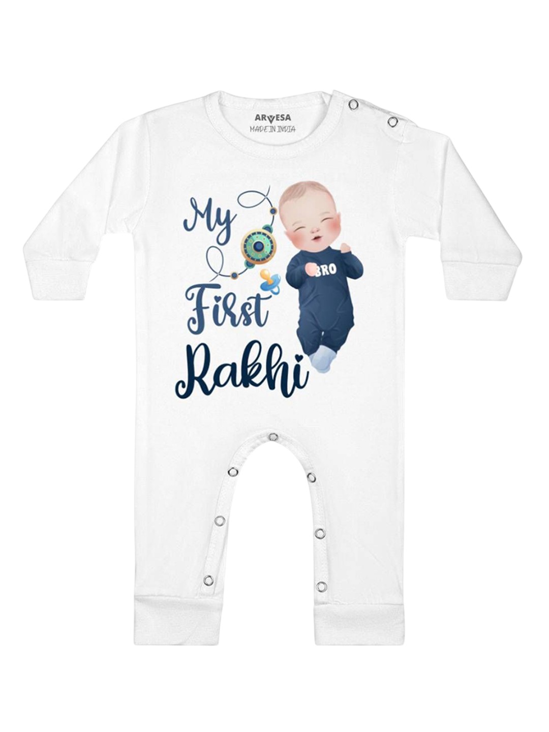 

Arvesa First Rakhi Printed Baby Romper, White