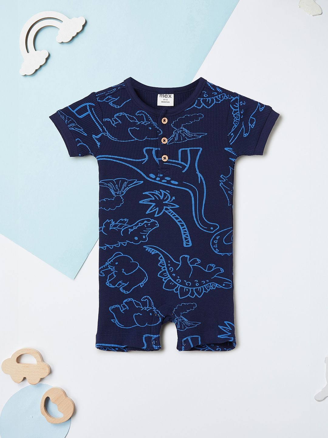 

Max Infants Boys Printed Round Neck Pure Cotton Romper, Blue