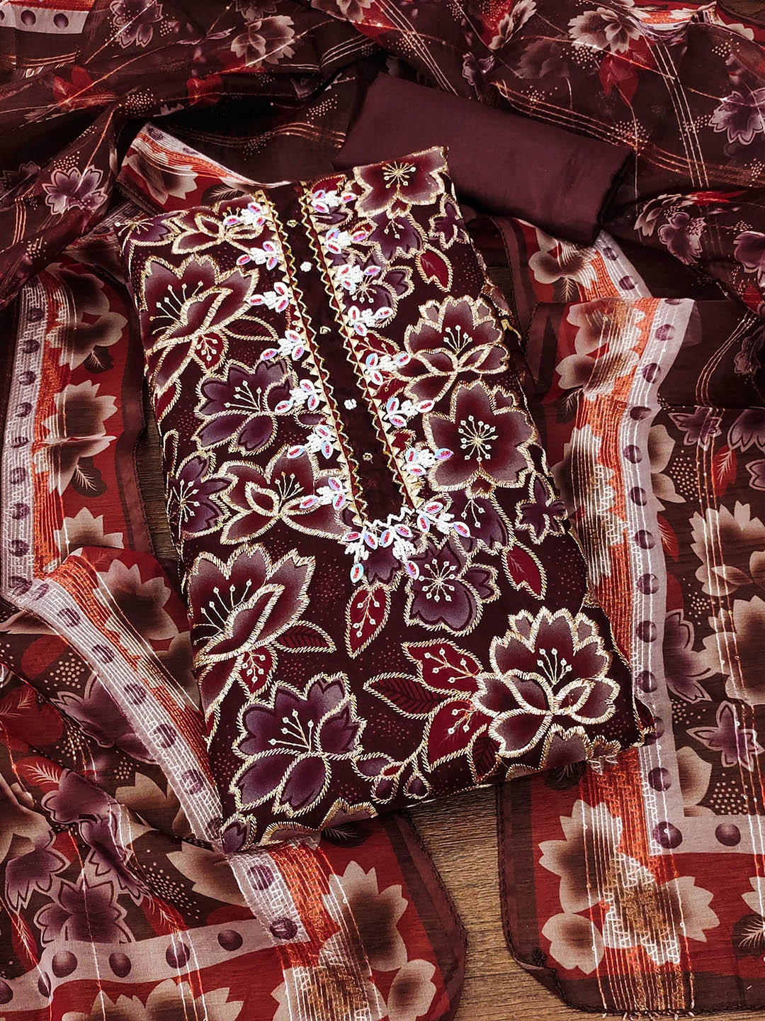 

SAINOOR Embroidered Organza Semi-Stitched Dress Material, Maroon