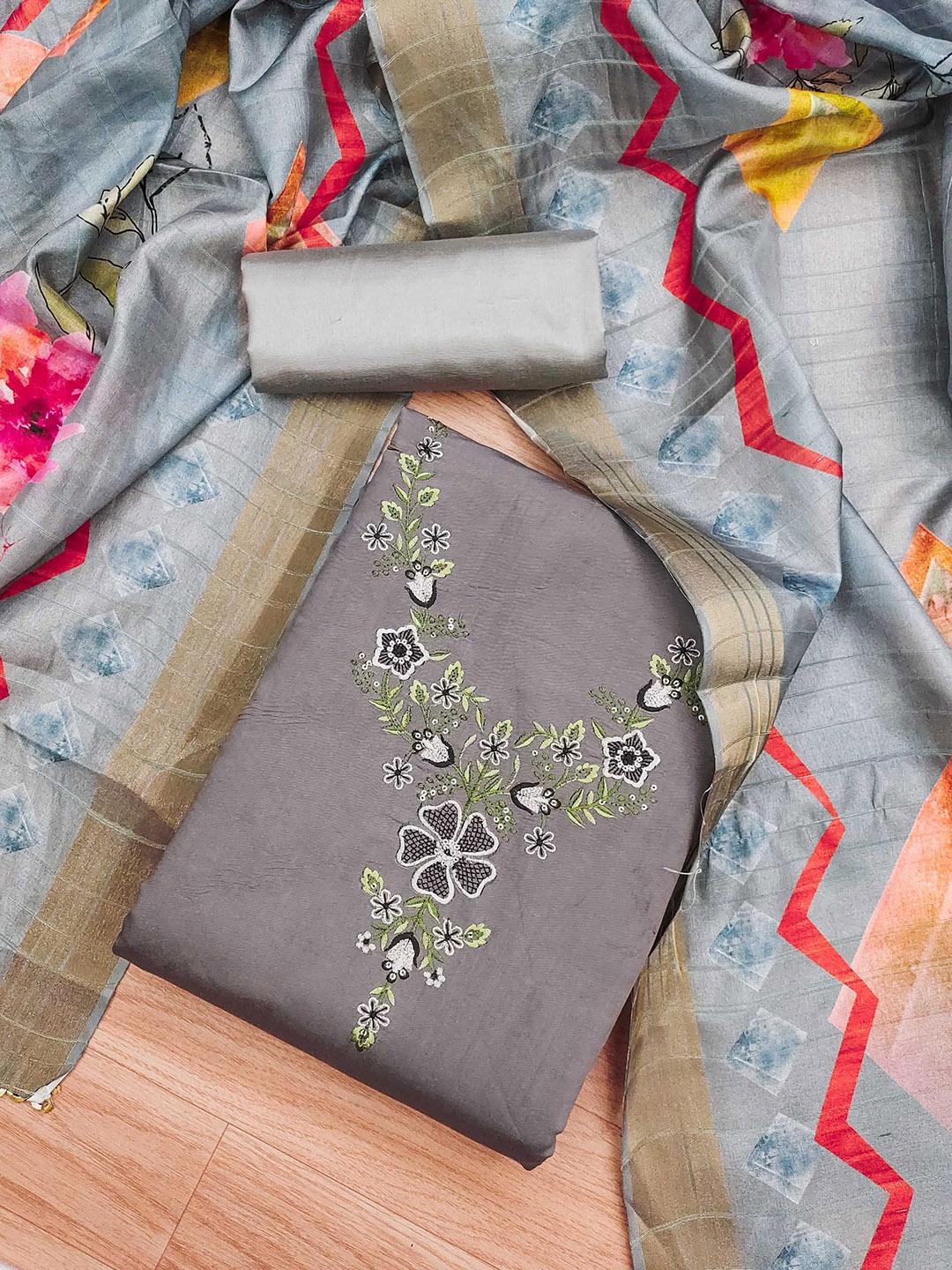 

SAINOOR Embroidered Pure Silk Unstitched Dress Material, Grey