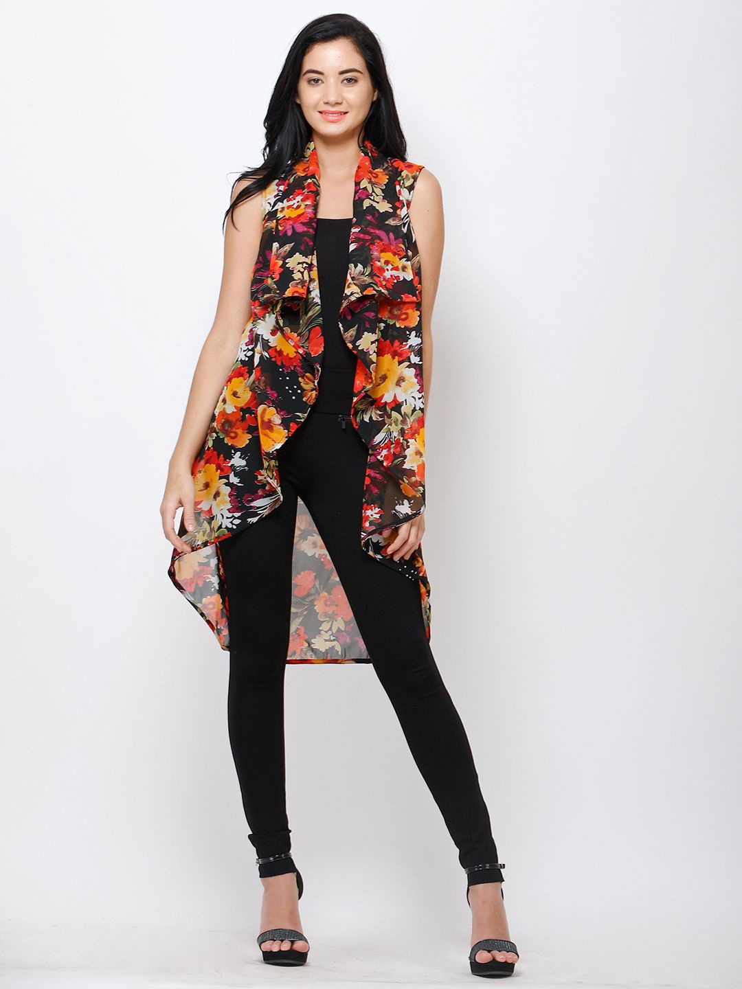 

Moda Rapido Printed Mandarin Collar Open Front Shrug, Black