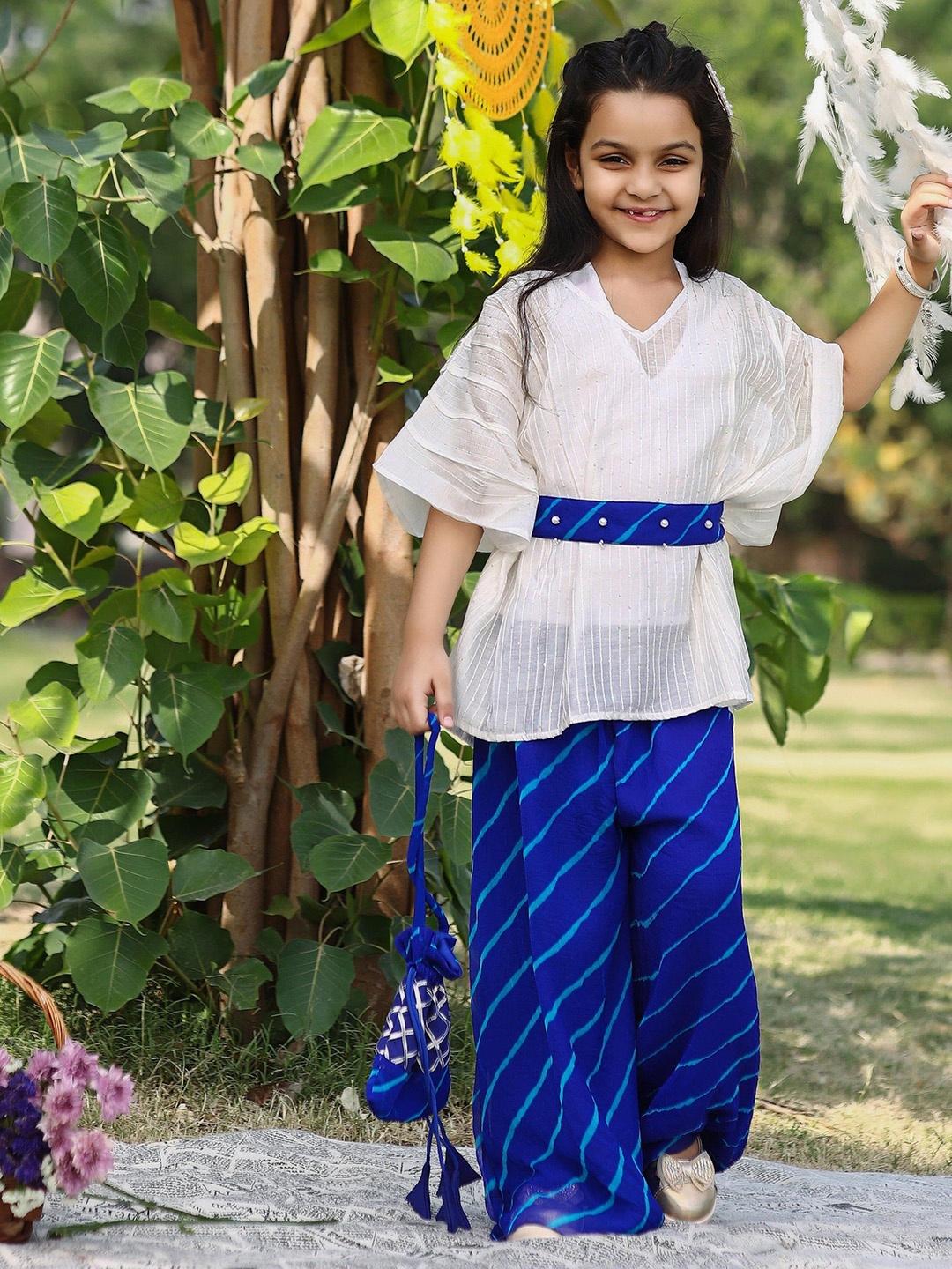 

Thread & Button Girls Striped Flowy Kaftan Set, White