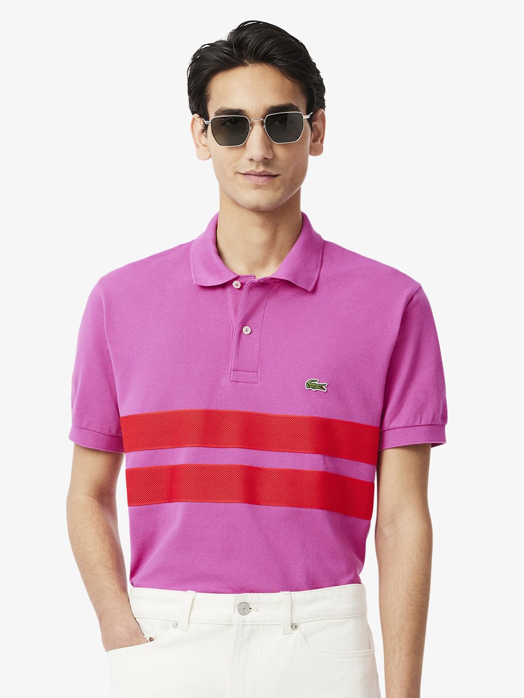 

Lacoste Men Striped Polo Collar Applique T-shirt, Pink