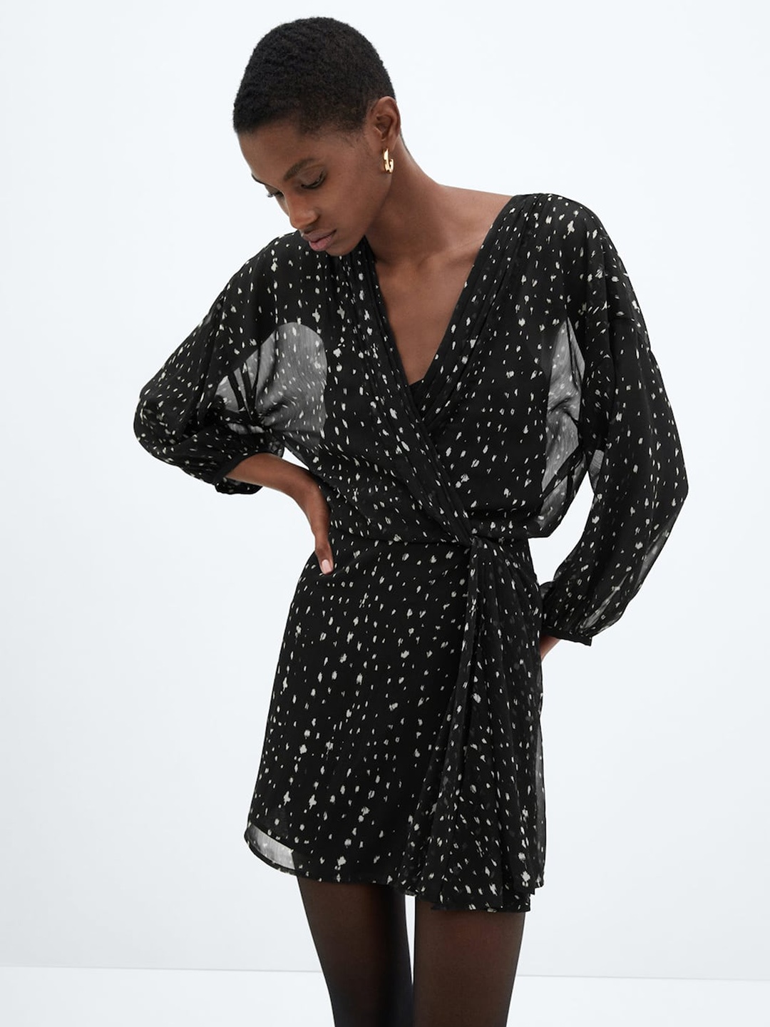 

MANGO Printed Puff Sleeves Mini Wrap Dress, Black