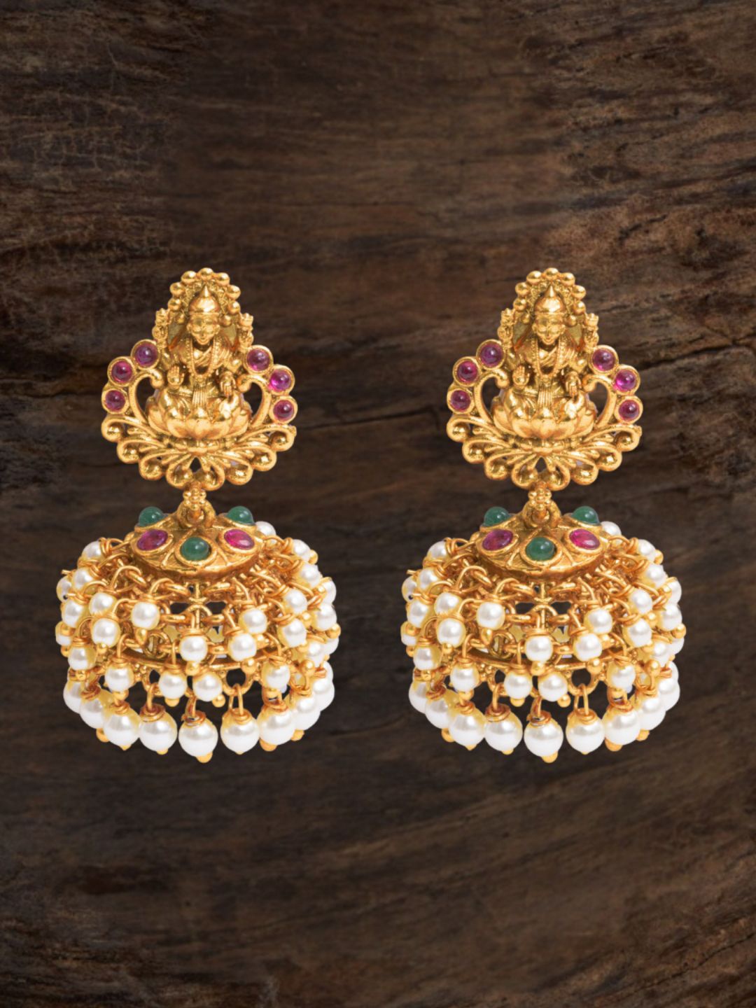 

South Temple Jewellery Gold-Plated Artificial Stones Studded & Beaded Temple Jhumkas