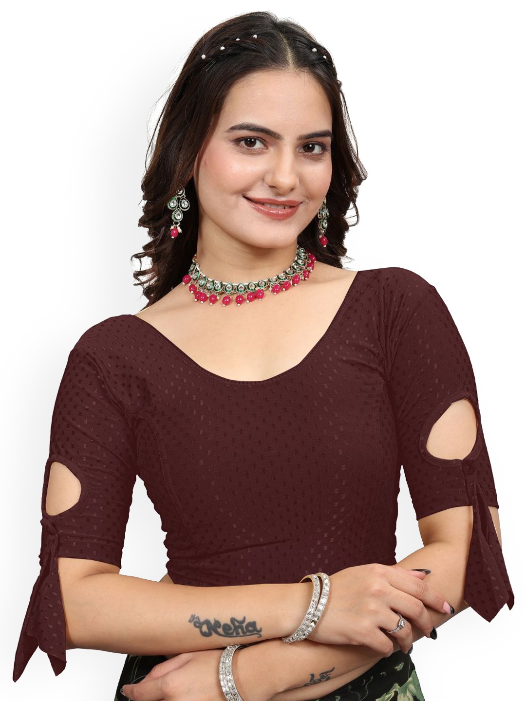 

SS Sanket Synthetics Self Design Stretchable Saree Blouse, Coffee brown