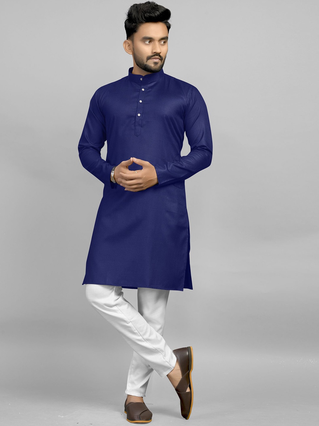 

Fashion FRICKS Band Collar Full Sleeves Straight Kurta, Navy blue