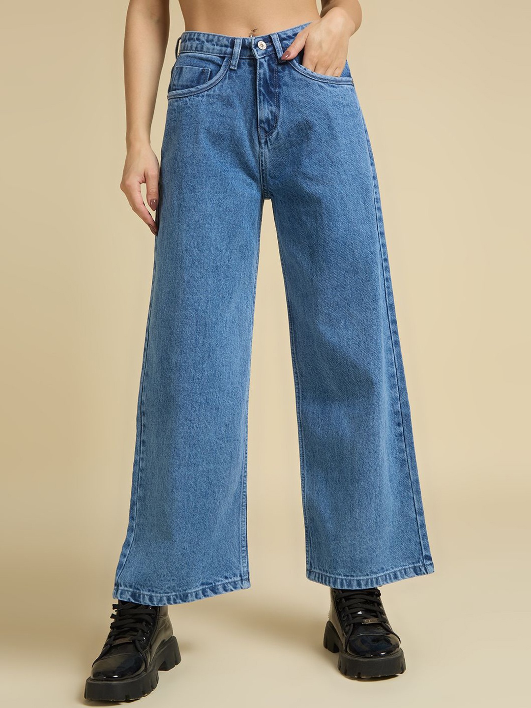 

Rea-Lize Women Wide Leg High-Rise Light Fade Cotton Jeans, Blue