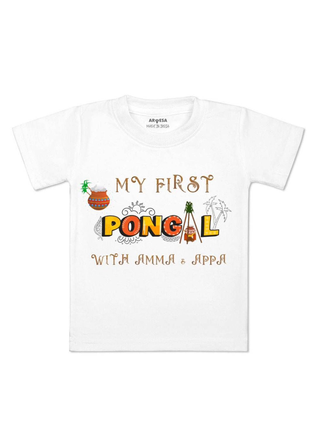 

Arvesa First Pongal Printed Kids Unisex T-shirt, White