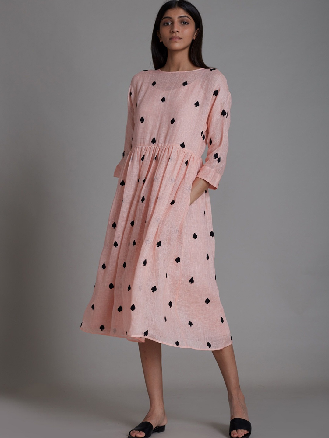

MATI Polka Dot Print Linen A-Line Midi Dress, Pink