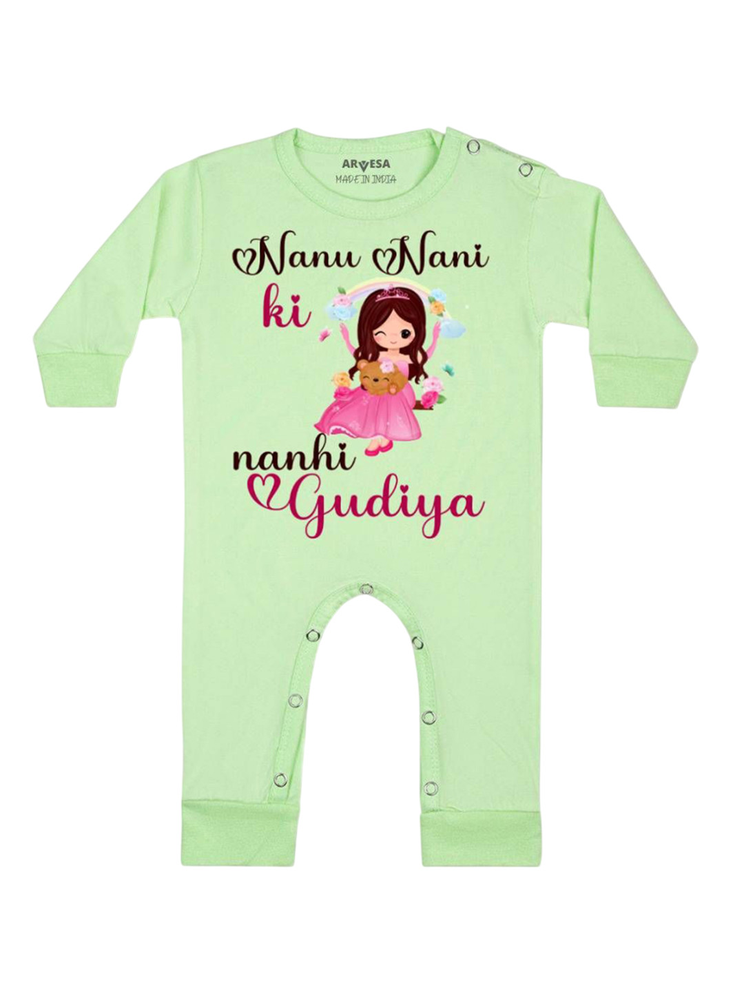 

Arvesa Kids Nana Nani Ki Nani Gudiya Printed Baby Romper, Green