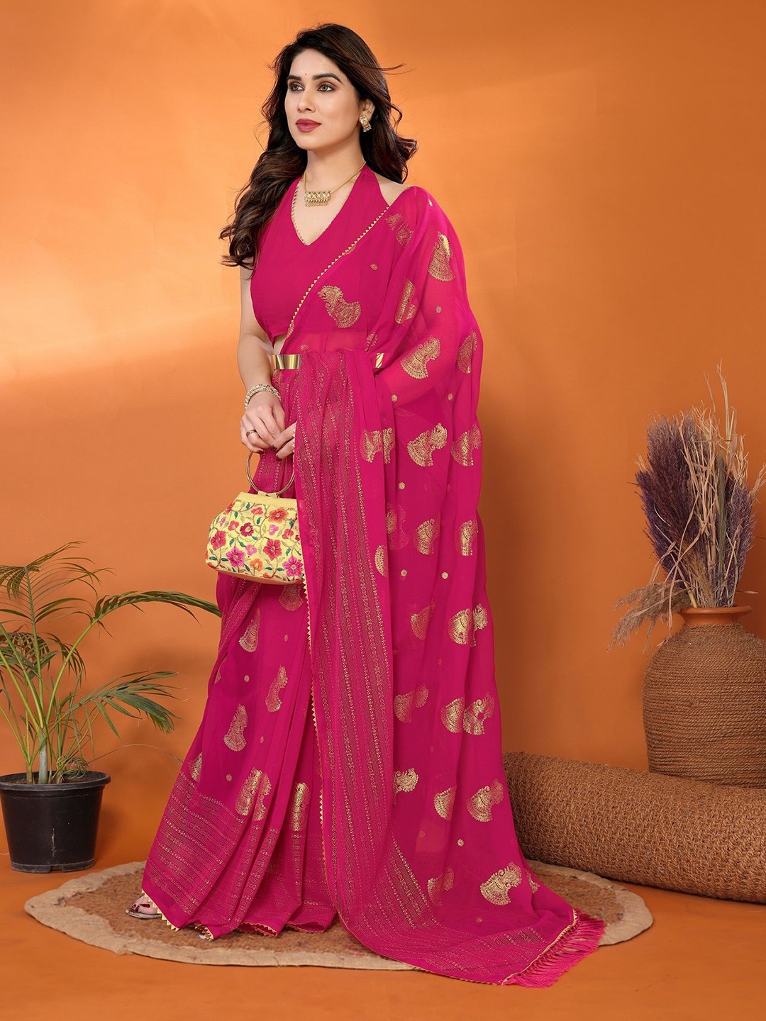 

Fashion FRICKS Ethnic Motifs Poly Georgette Saree, Pink