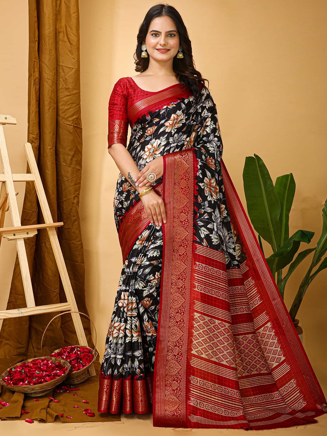 

V3 FASHION STUDIO Ethnic Motifs Zari Art Silk Saree, Black