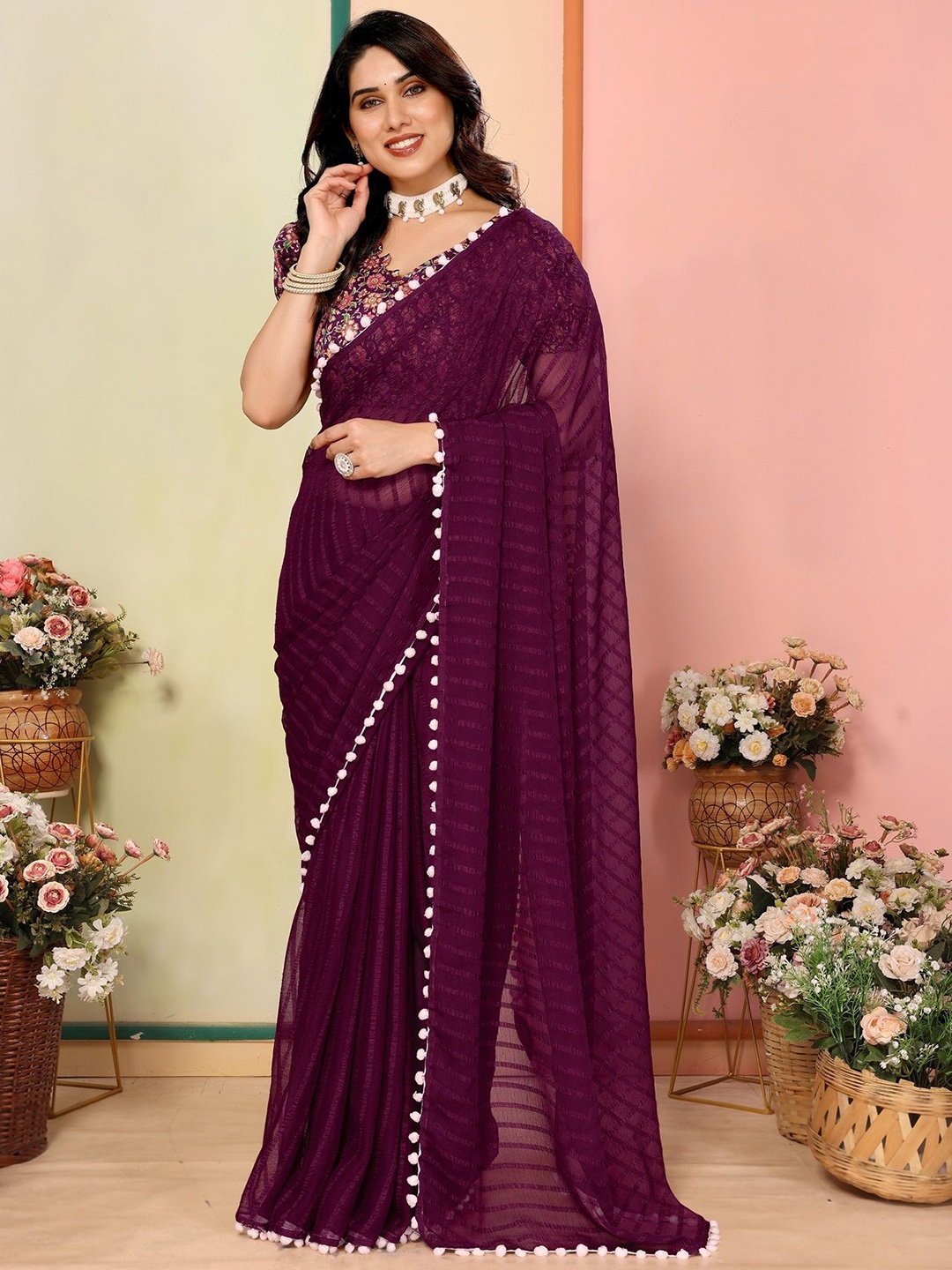 

Fashion FRICKS Striped Poly Georgette Saree, Purple