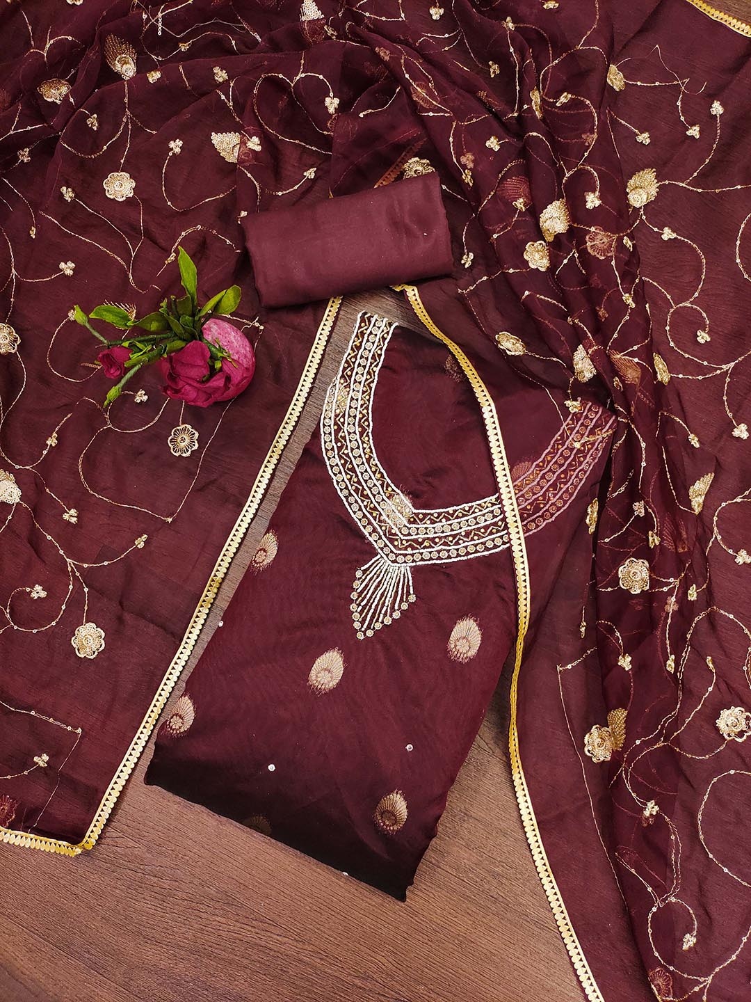 

SAINOOR Floral Embroidered Beads & Stones Organza Jacquard Unstitched Dress Material, Maroon