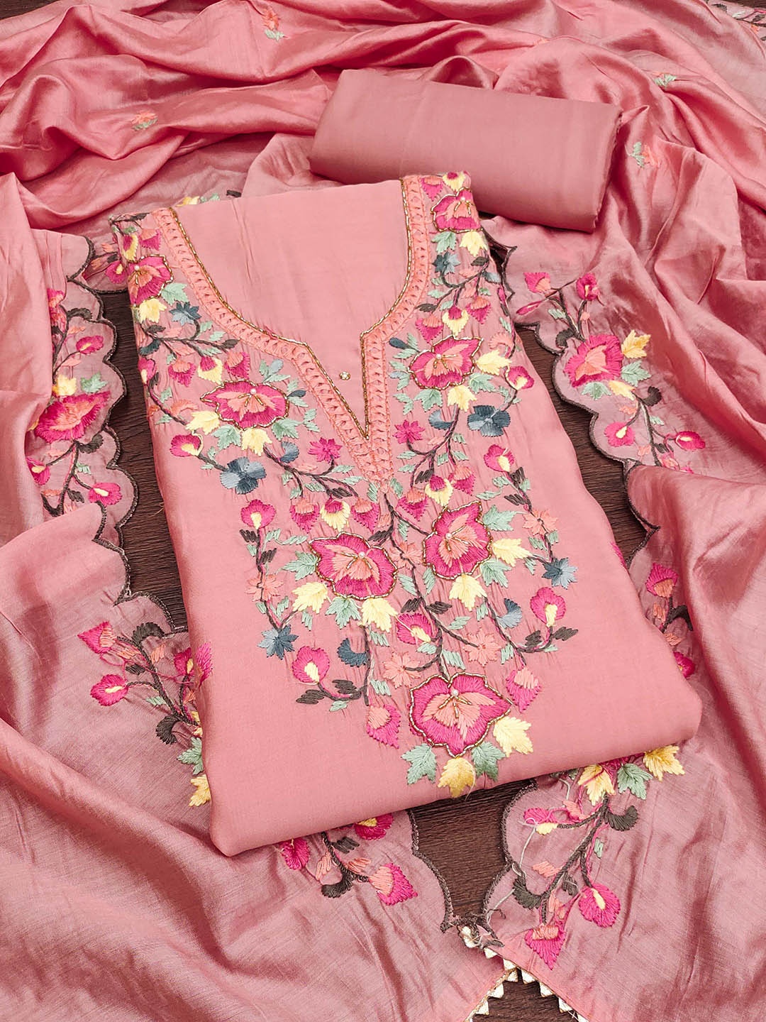 

SAINOOR Floral Embroidered Pure Silk Semi-Stitched Dress Material, Pink