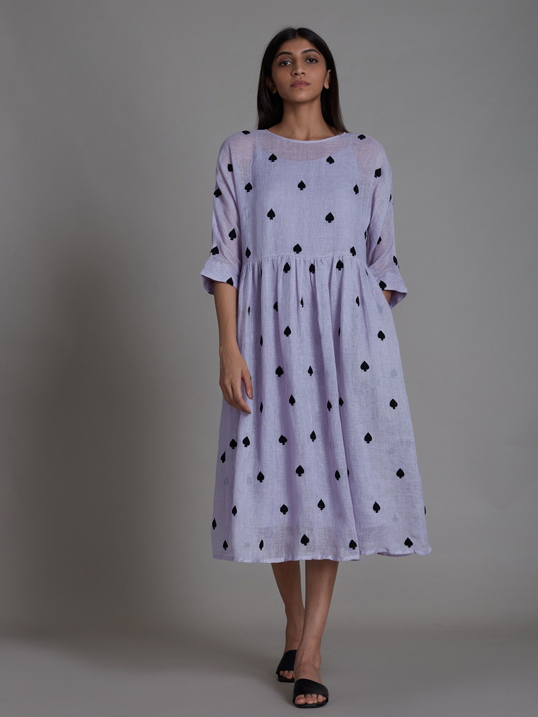 

MATI Floral Print Bell Sleeve Linen Fit & Flare Midi Dress, Lavender