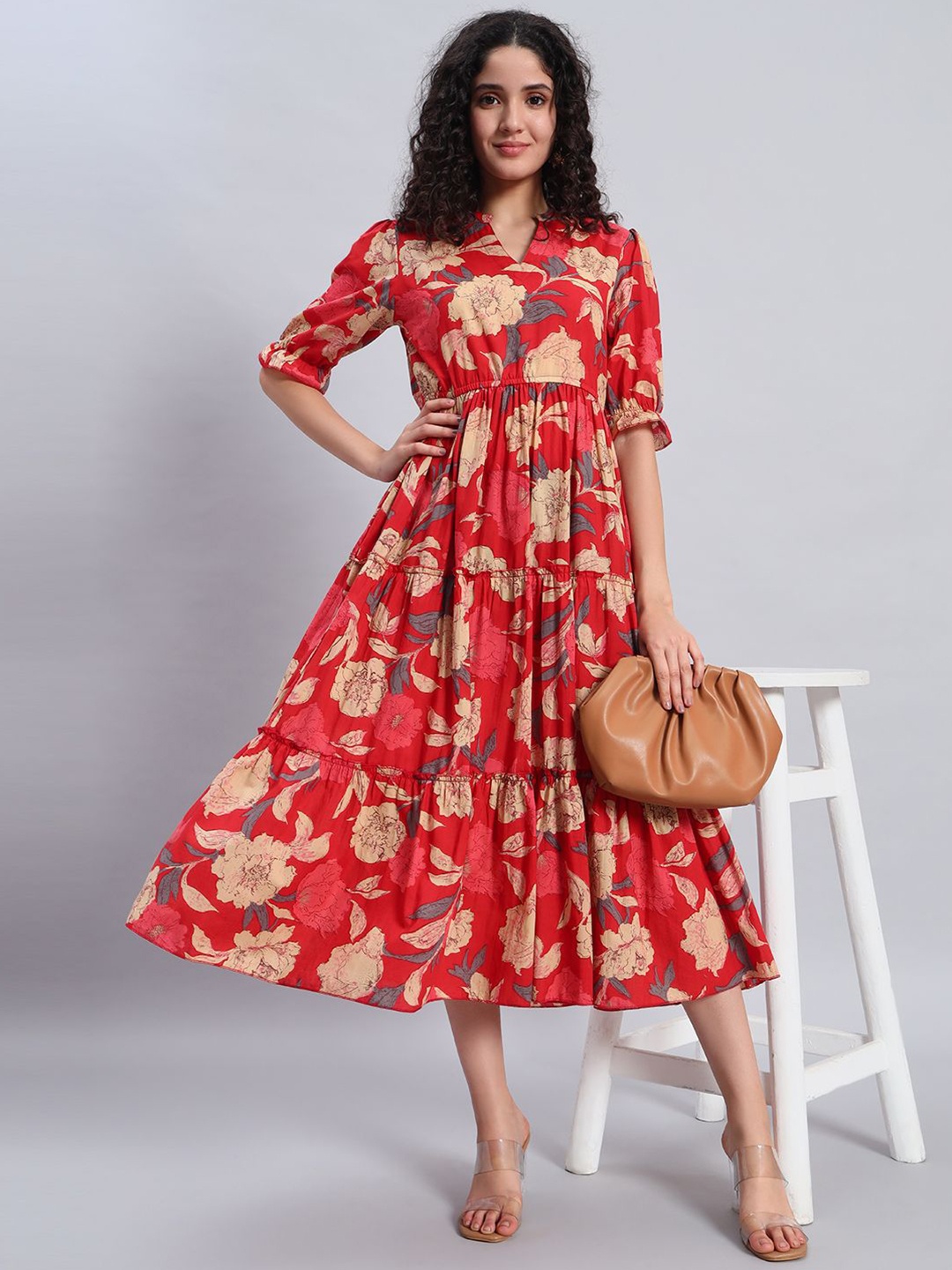 

PIDAVLIYA'S Floral Print A-Line Midi Dress, Red