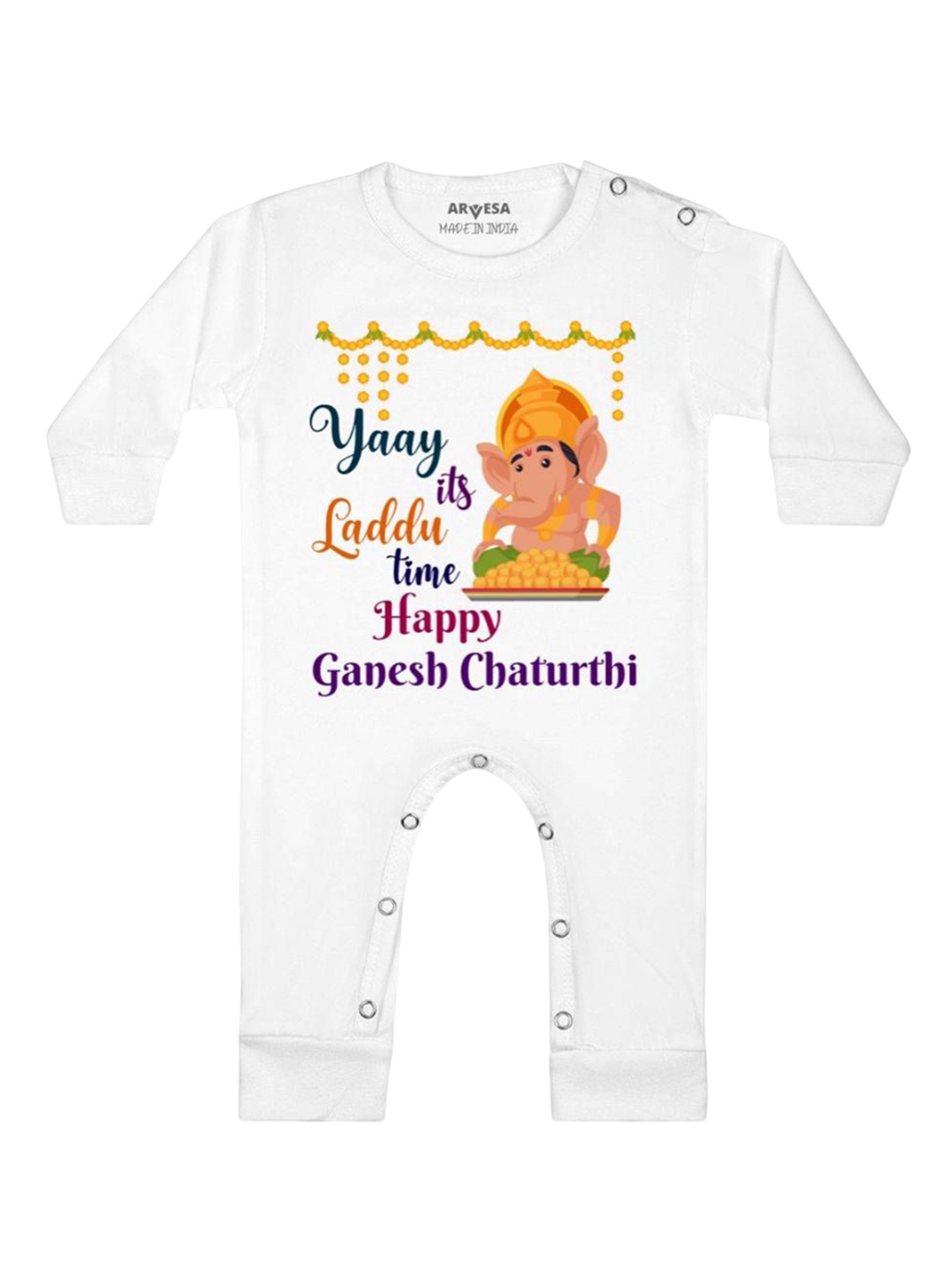 

Arvesa First Ganpati Printed Baby Romper, White