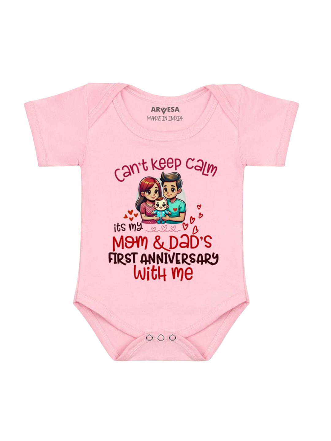 

Arvesa Kids First Anniversary With Mom And Dad Printed Romper, Pink