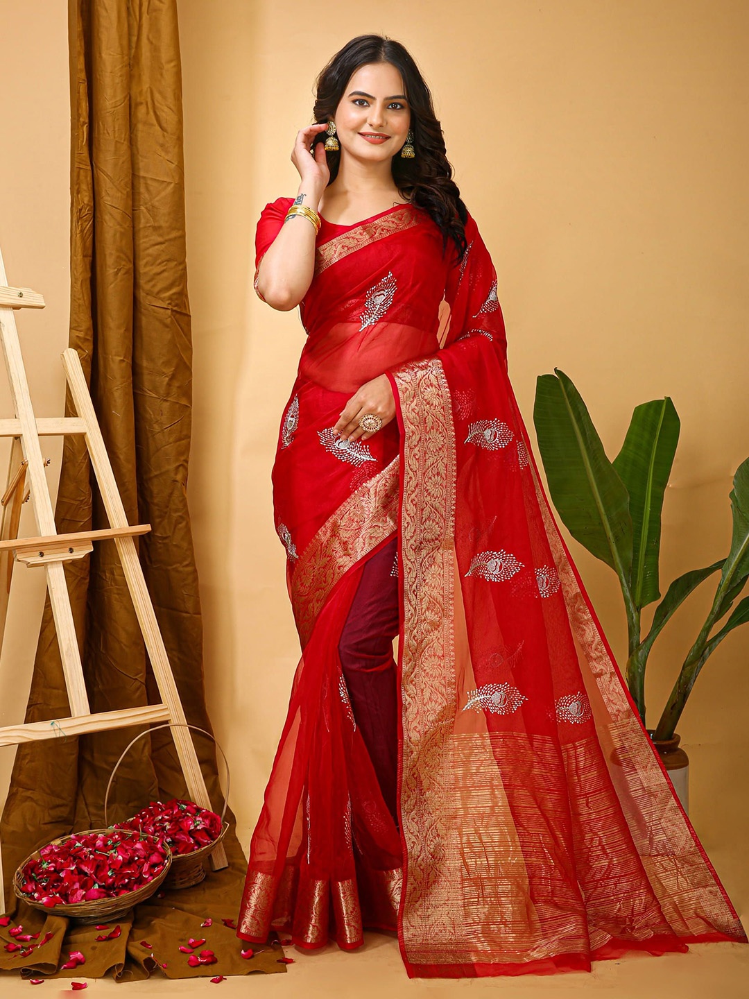 

V3 FASHION STUDIO Ethnic Motifs Zari Art Silk Saree, Red