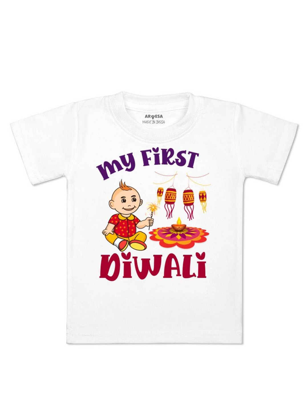 

Arvesa First Diwali Printed Kids Unisex T-shirt, White