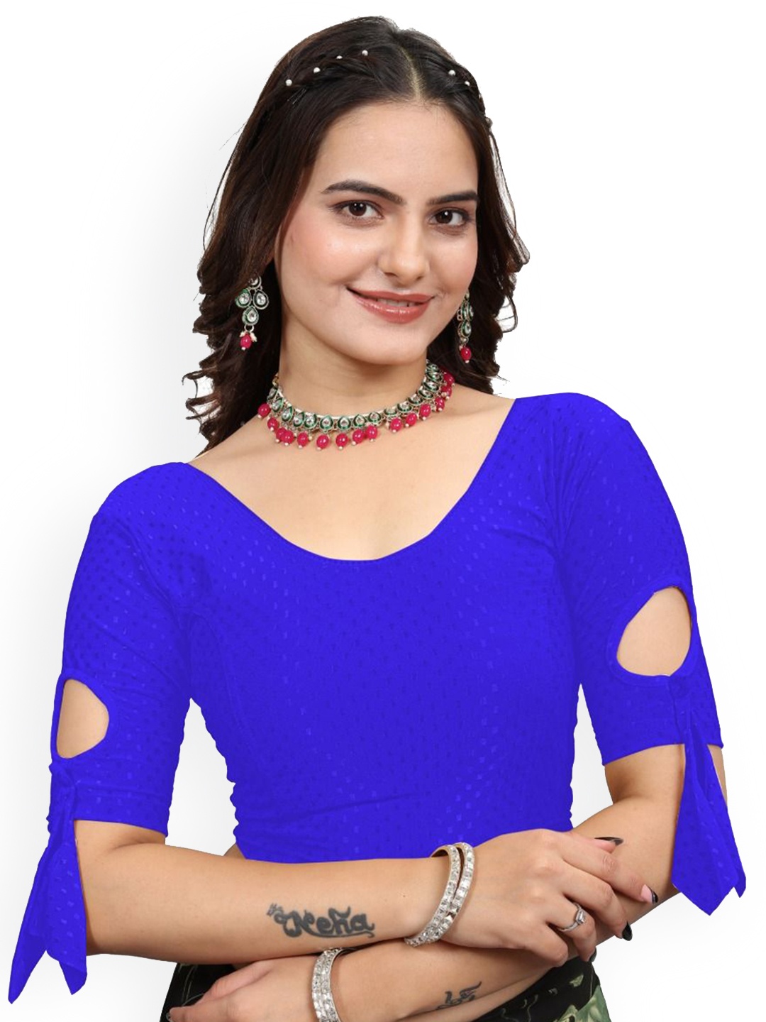 

SS Sanket Synthetics Self Design Stretchable Saree Blouse, Blue