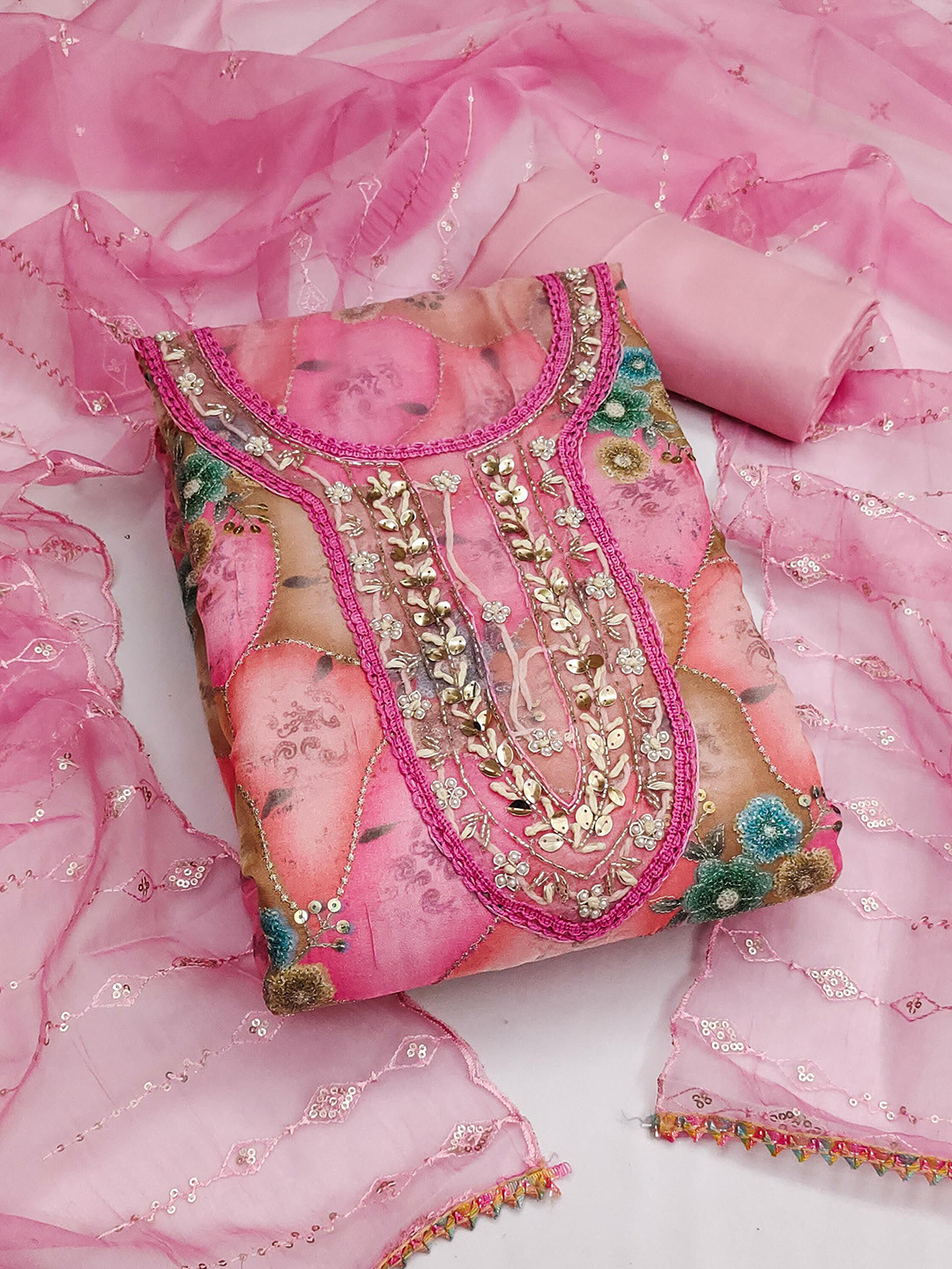 

SAINOOR Embellished Organza Semi-Stitched Dress Material, Pink