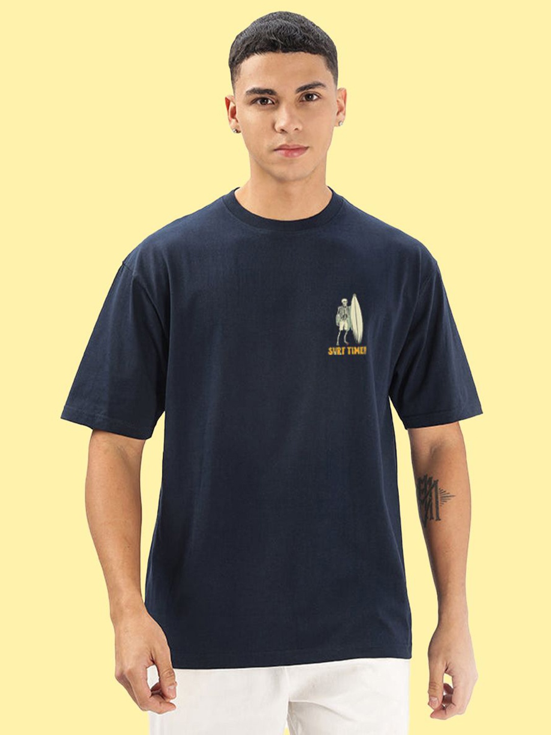 

BDSQUARE Men Drop-Shoulder Sleeves Applique T-shirt, Blue