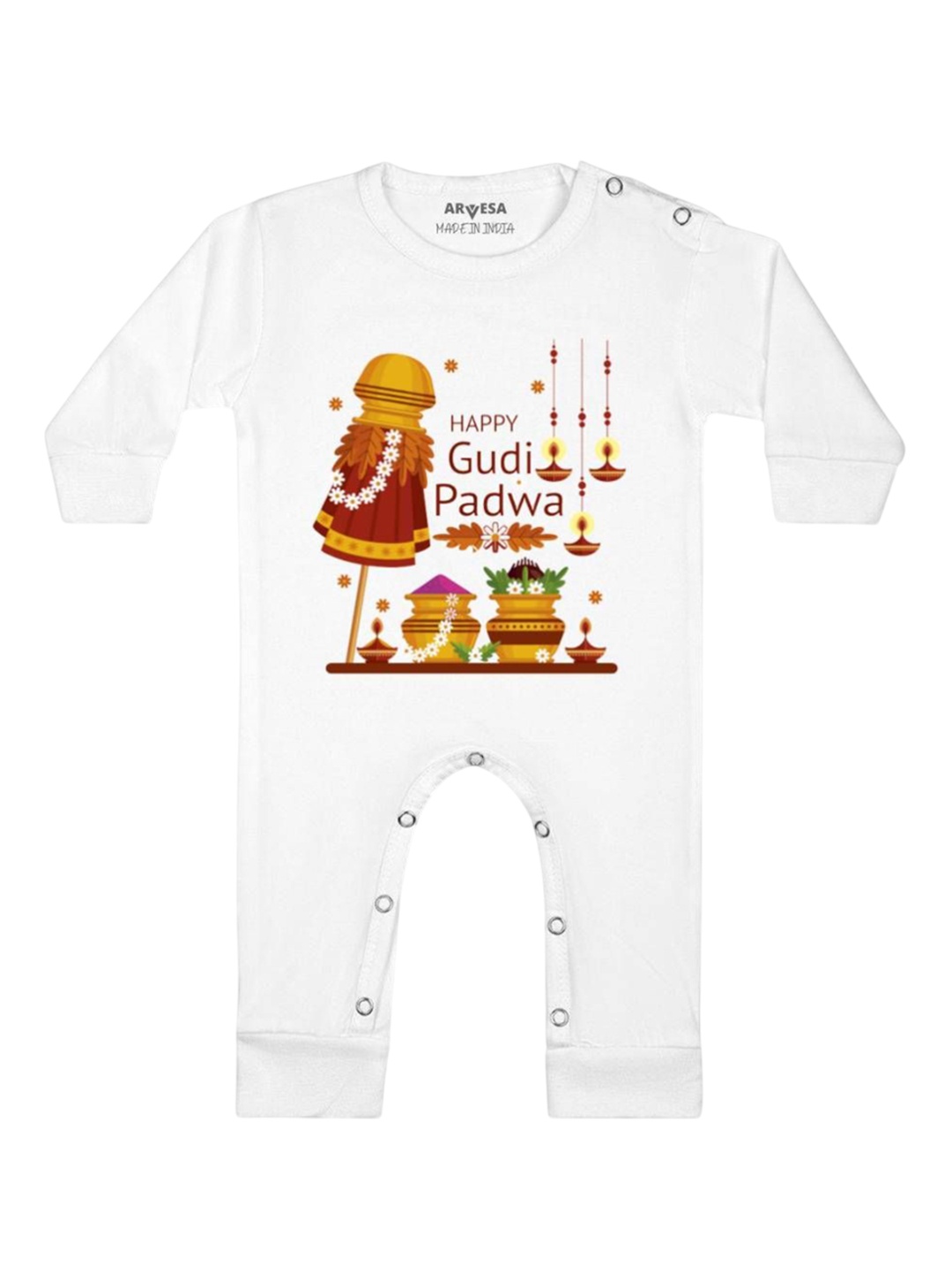 

Arvesa Happy Gudi Padwa Printed Baby Romper, White