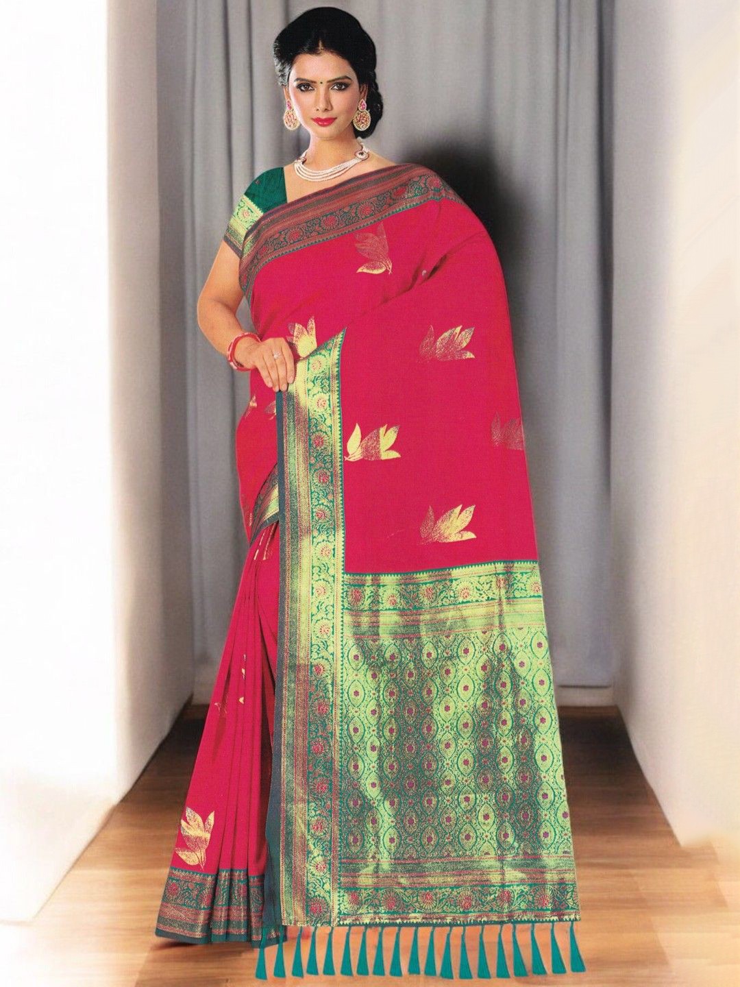 

SHOPPKEE Ethnic Motifs Zari Silk Blend Paithani Saree, Red