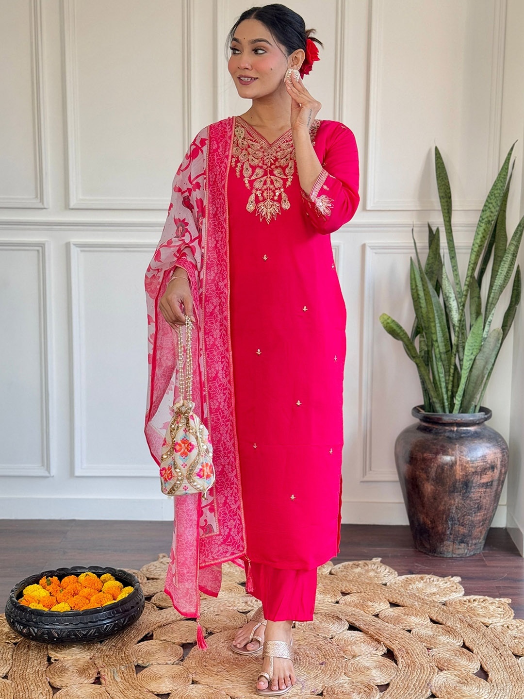 

NIZA FASHION Women Floral Yoke Design Regular Thread Work Chanderi Silk Kurta with Trousers & With Dupatta, Pink