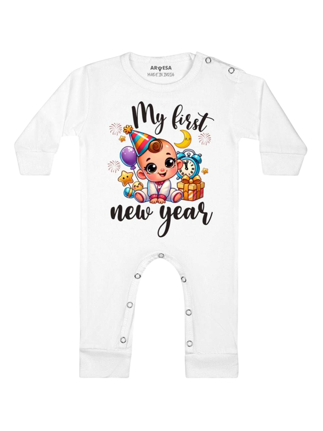 

Arvesa First New Year Printed Baby Romper, White