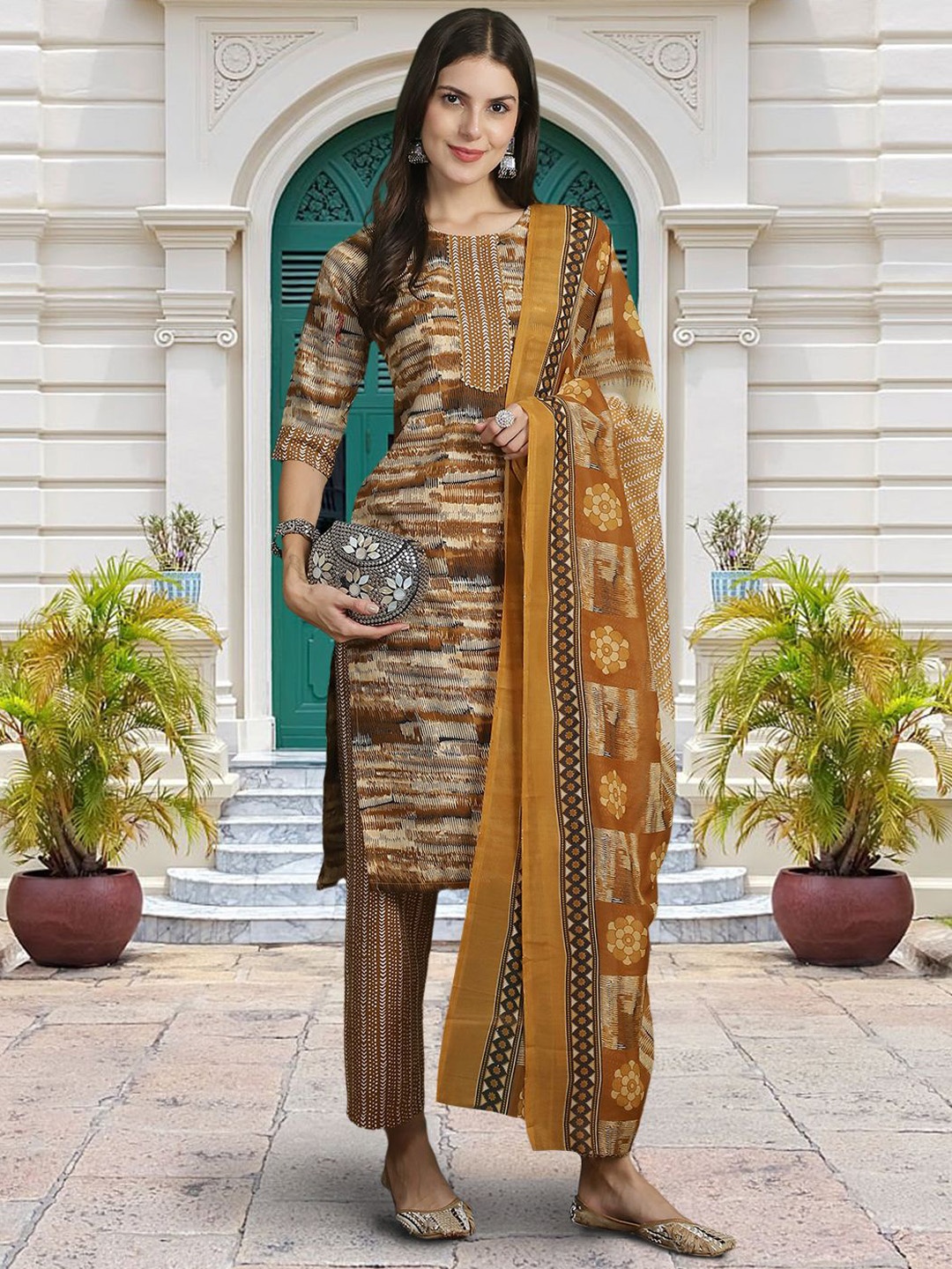 

Moda Rapido Brown 7 Mustard Yellow Ethnic Printed Straight Kurta with Trousers & Dupatta