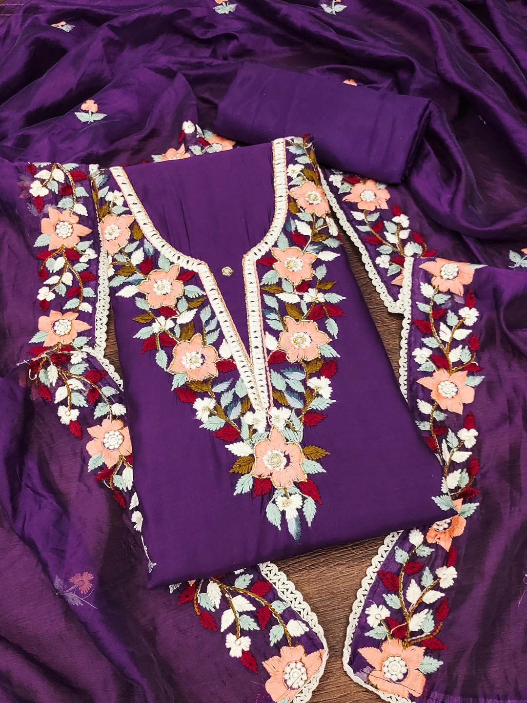 

SAINOOR Floral Embroidered Pure Silk Semi-Stitched Dress Material, Purple