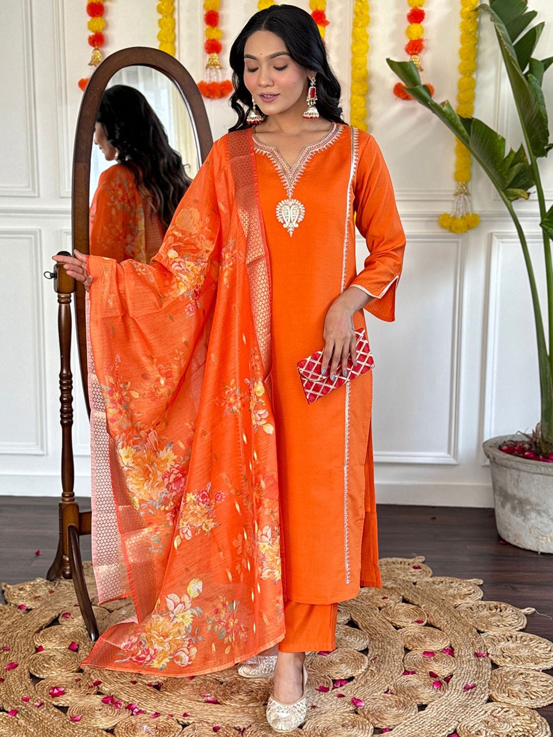 

NIZA FASHION Women Ethnic Motifs Embroidered Regular Thread Work Chanderi Silk Kurta with Trousers & With, Orange