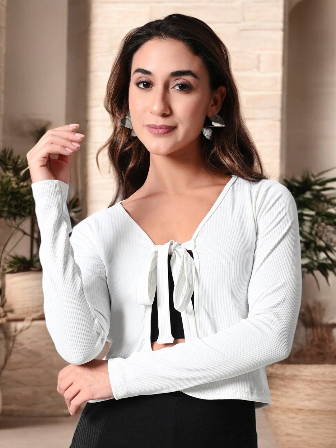 

Arbiter Collection Tie-Up Neck Studded Top, White
