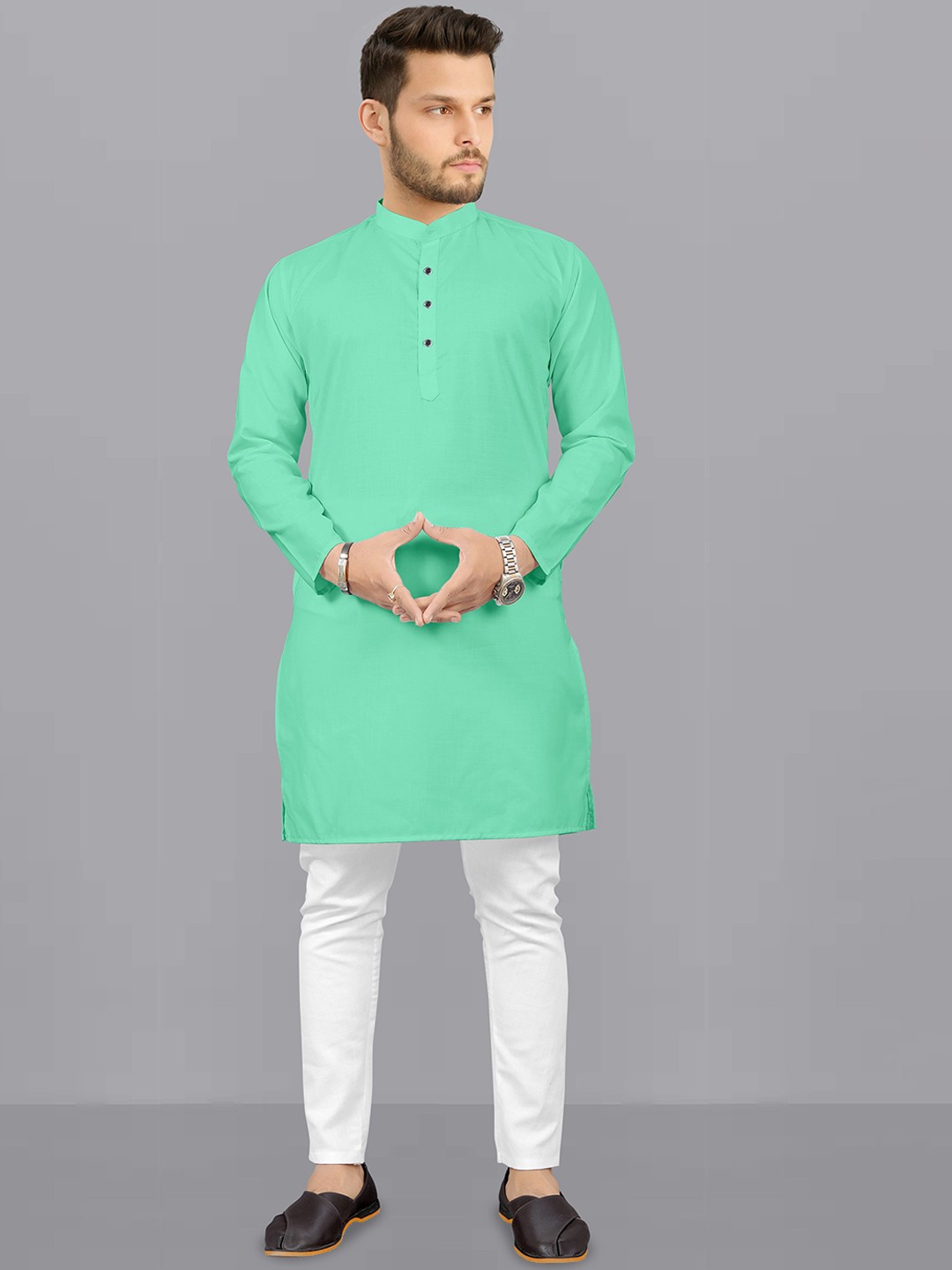 

Fashion FRICKS Band Collar Straight Kurta With Pyjamas, Green
