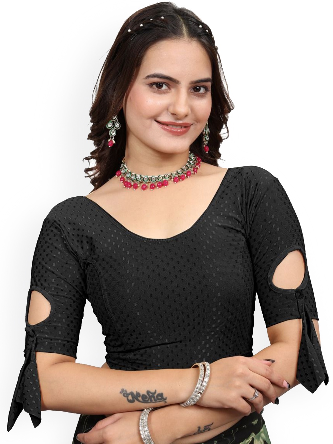 

SS Sanket Synthetics Self Design Stretchable Saree Blouse, Black