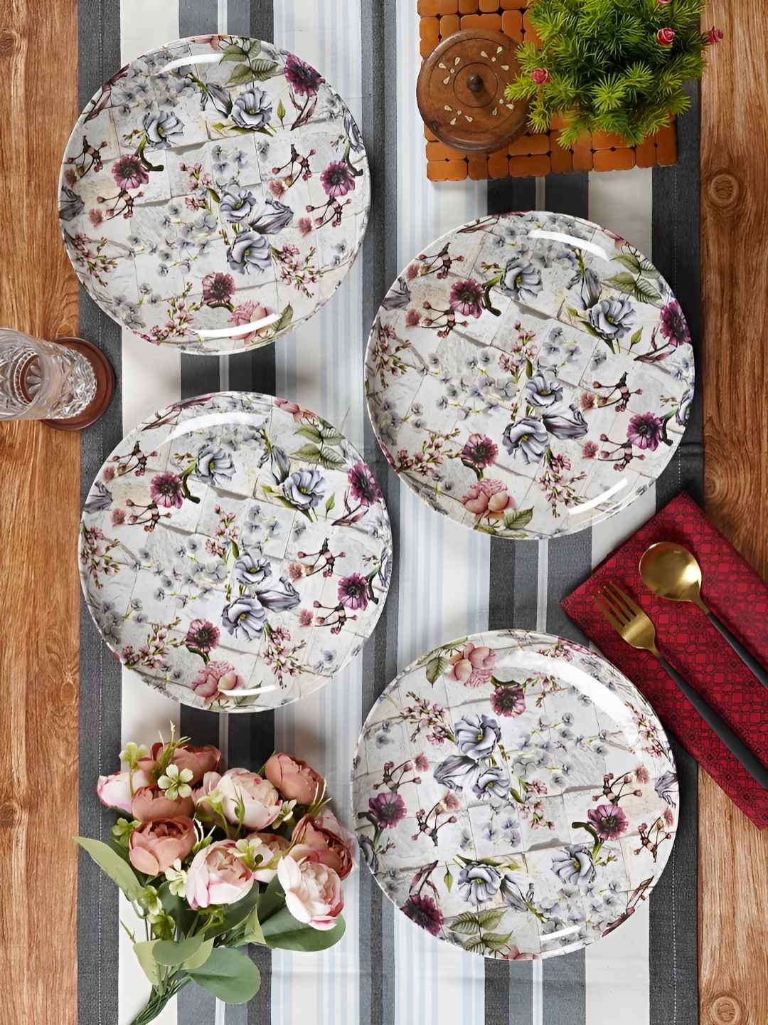 

CDIWhite 6 Pieces Floral Printed Melamine Dishwasher Quarter Plates Glossy Dinner Set, White