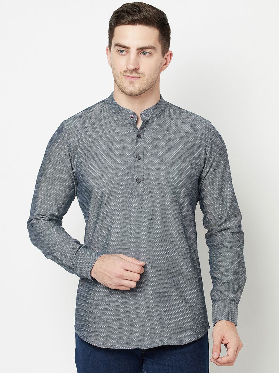 

Moda Rapido Woven Design Mandarin Collar Cotton Straight Kurta, Grey