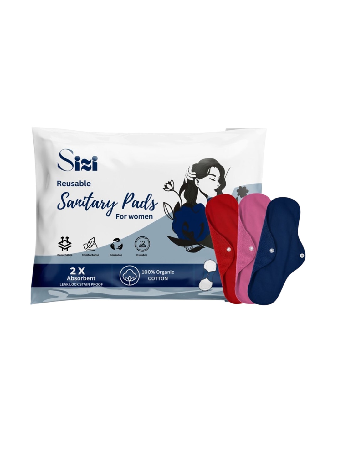 

Sizi Super Absorbent Washable & Reusable Sanitary Pads - 3Pc, Pink